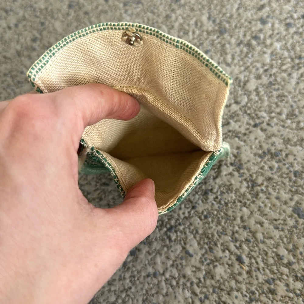 Vintage handmade teal green embroidered snap closure coin purse 3x4”
